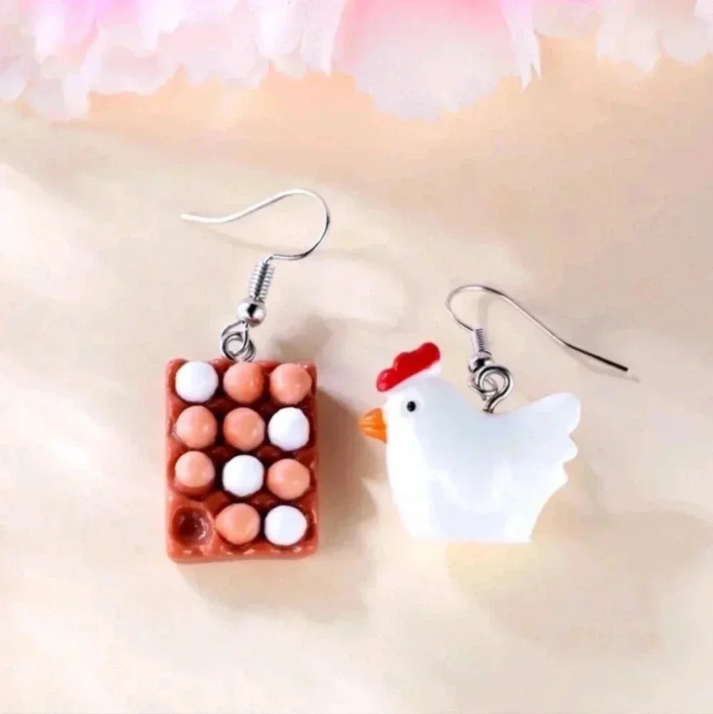Chicken egg asymmetrical funny hen earrings jewelry fashion women's silver spark